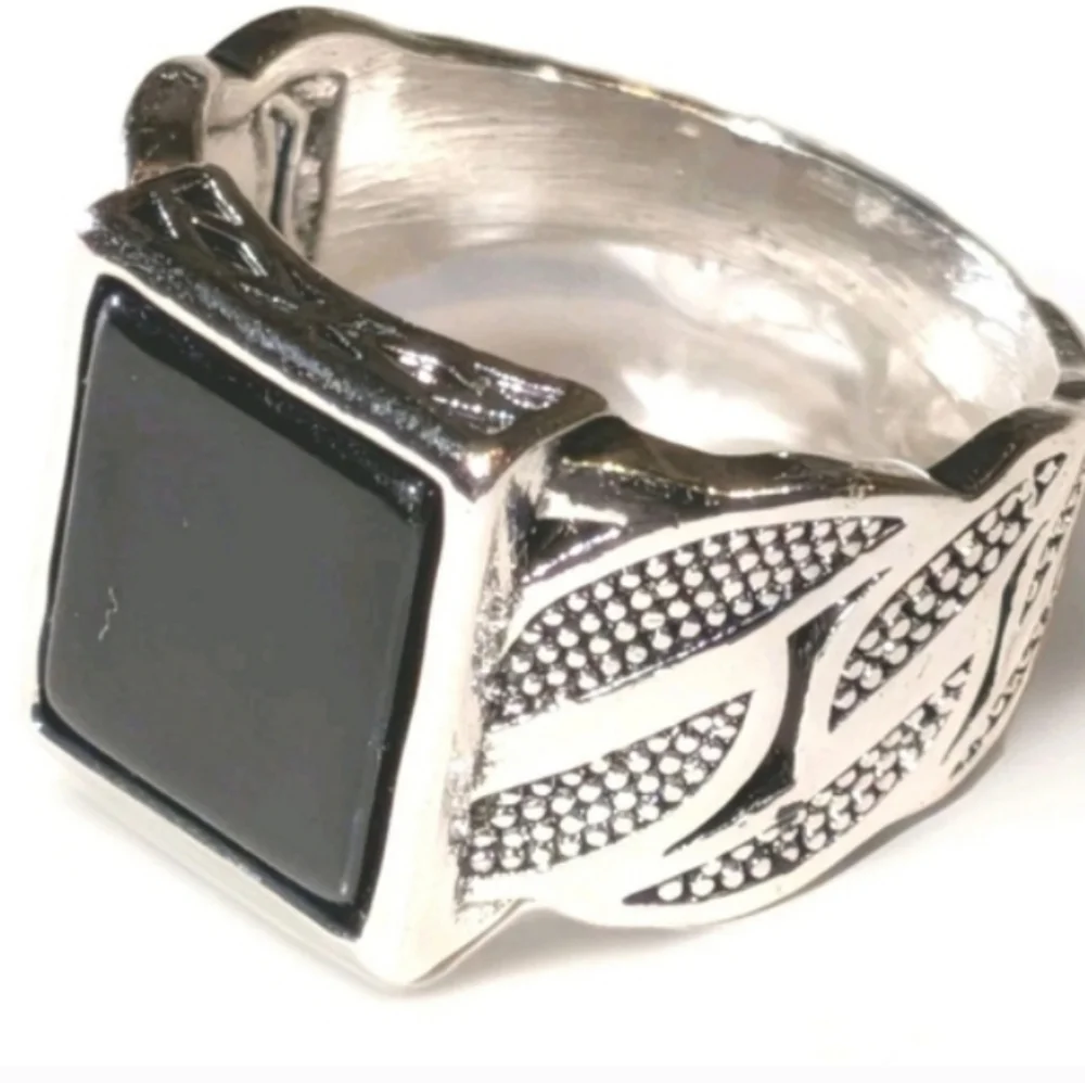 14k White gold Plated Over Sterling silver Turkish Gemstone Black Onyx Mens Ring